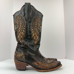 Corral size 7M Women’s Brown Leather Sequin Fleur De Lis Wings Western Boots